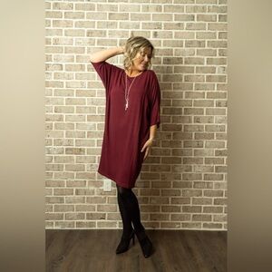 Bryn Walker | Alona Houndstooth Red & Black Dolman Shift Dress Lagenlook XS